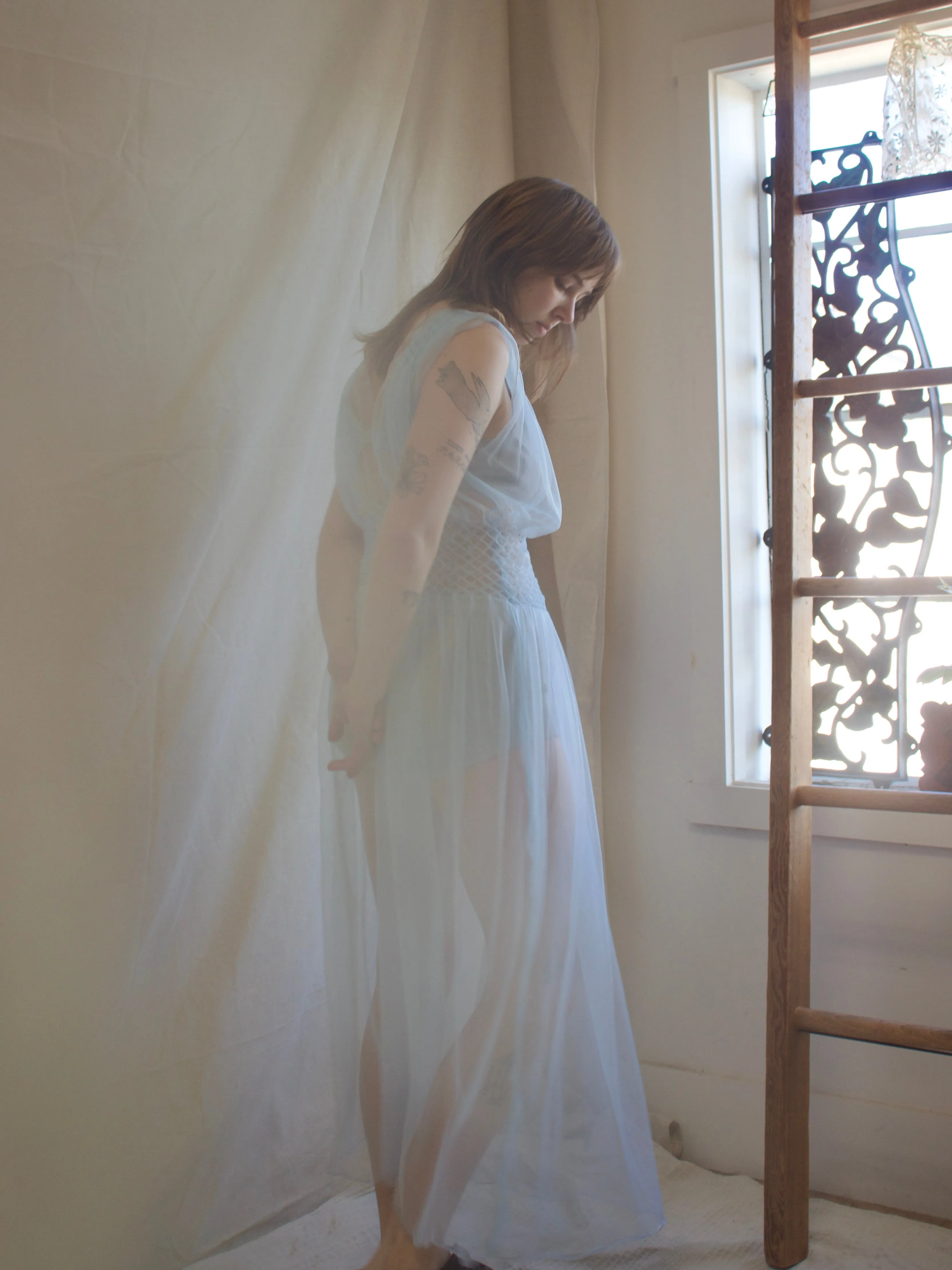 1930s/1940s Pale Blue Embroidered Nylon Honeycomb Smocked Slip Dress