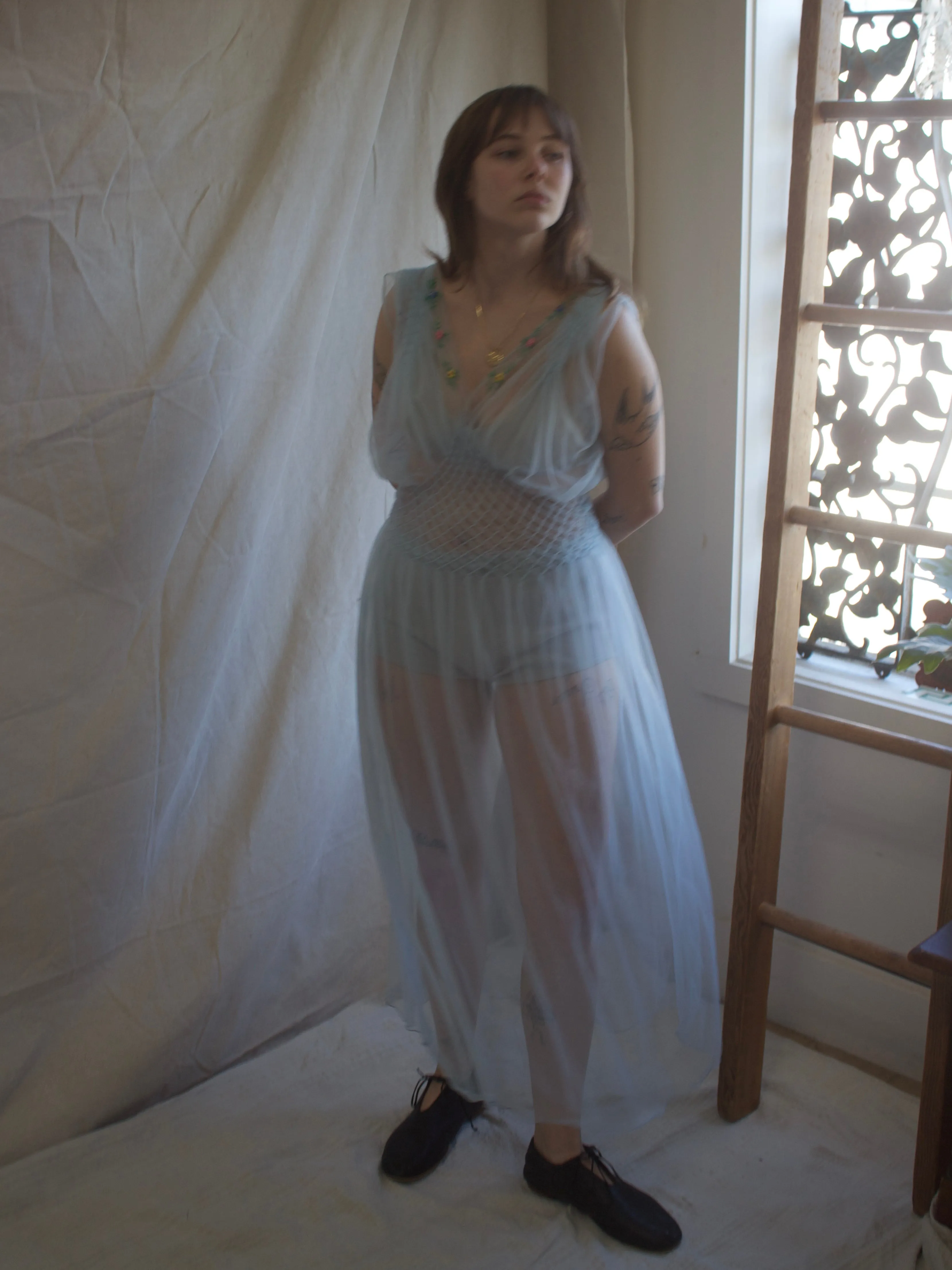 1930s/1940s Pale Blue Embroidered Nylon Honeycomb Smocked Slip Dress