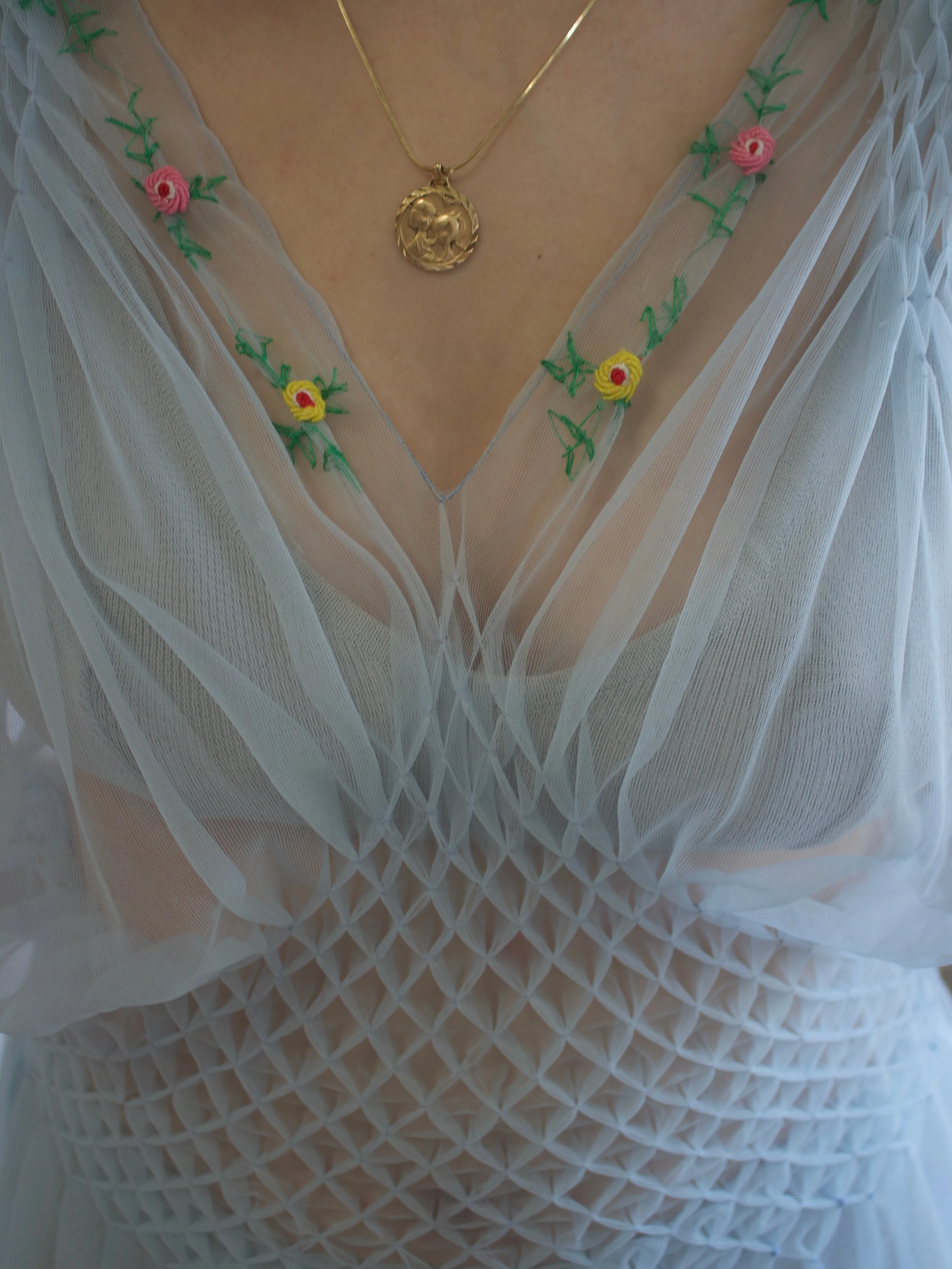 1930s/1940s Pale Blue Embroidered Nylon Honeycomb Smocked Slip Dress