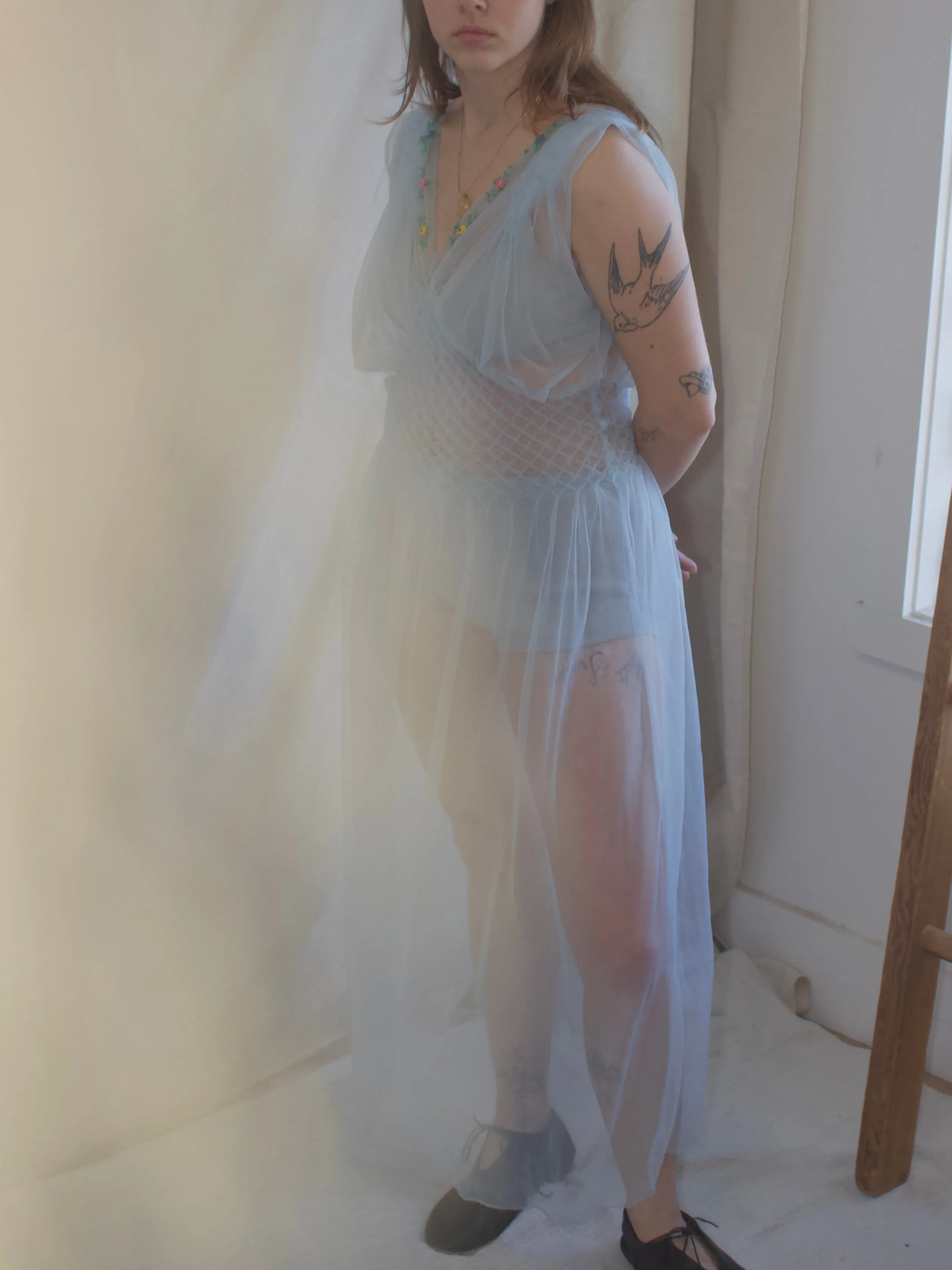 1930s/1940s Pale Blue Embroidered Nylon Honeycomb Smocked Slip Dress