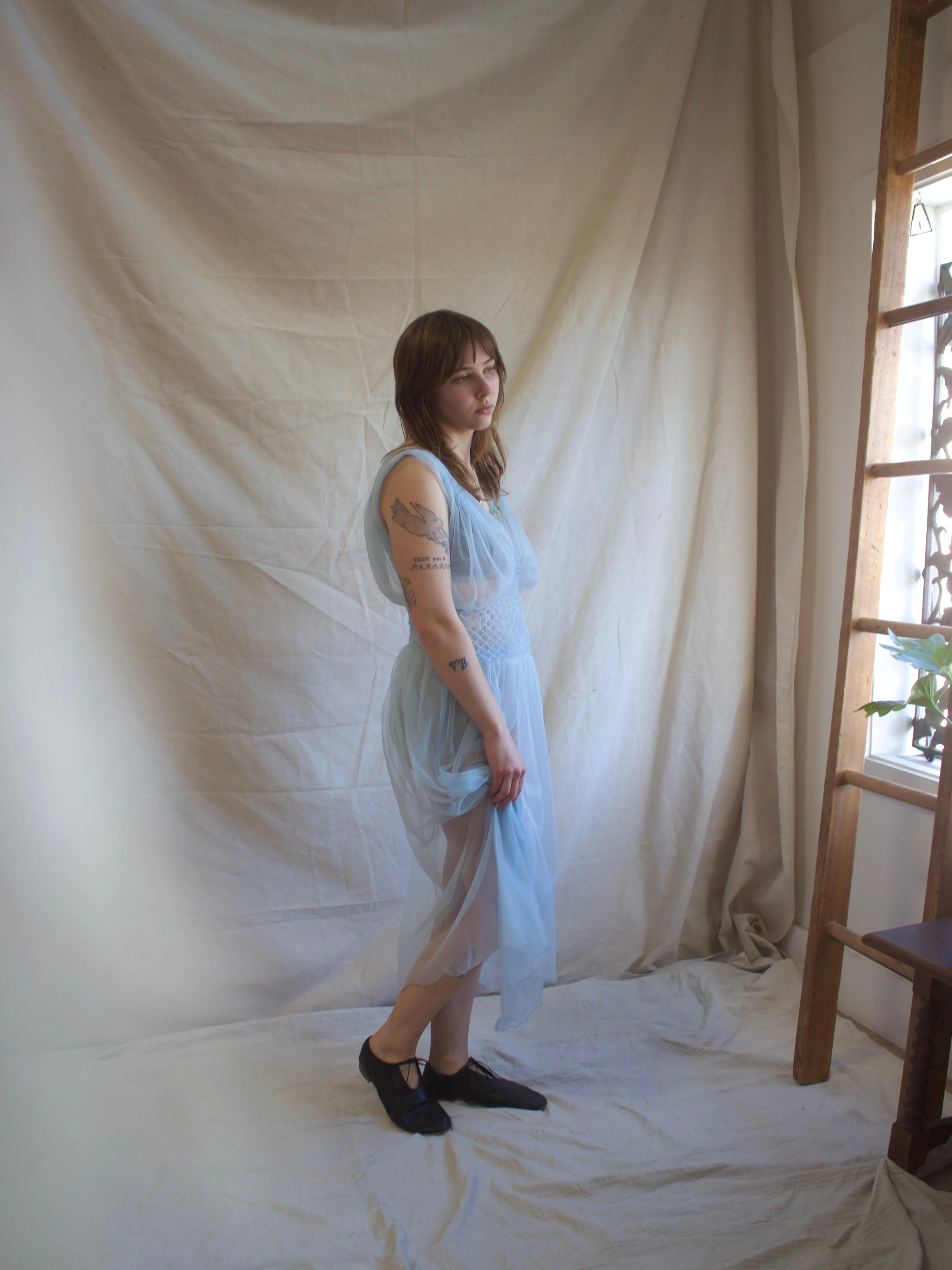 1930s/1940s Pale Blue Embroidered Nylon Honeycomb Smocked Slip Dress