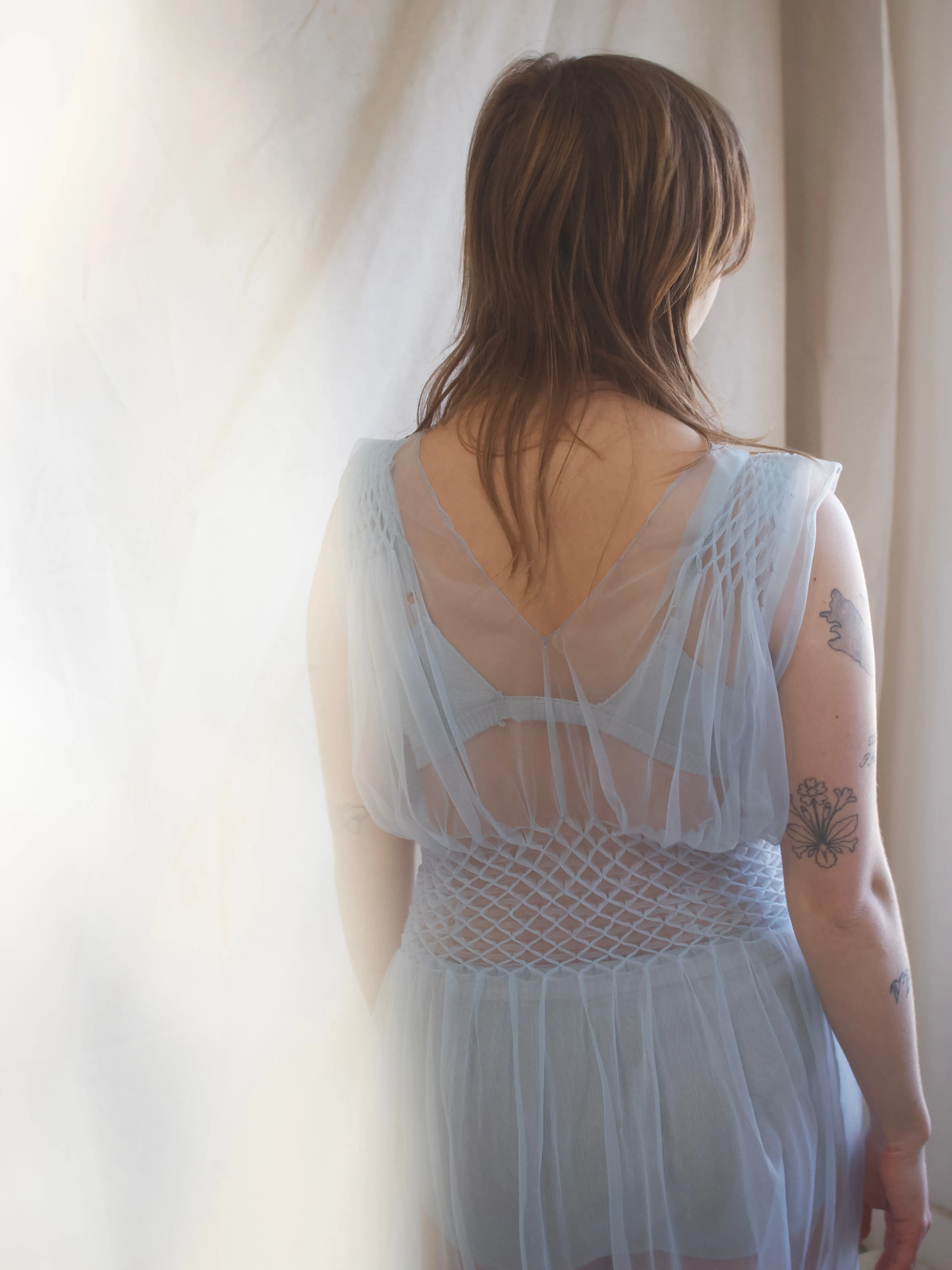 1930s/1940s Pale Blue Embroidered Nylon Honeycomb Smocked Slip Dress