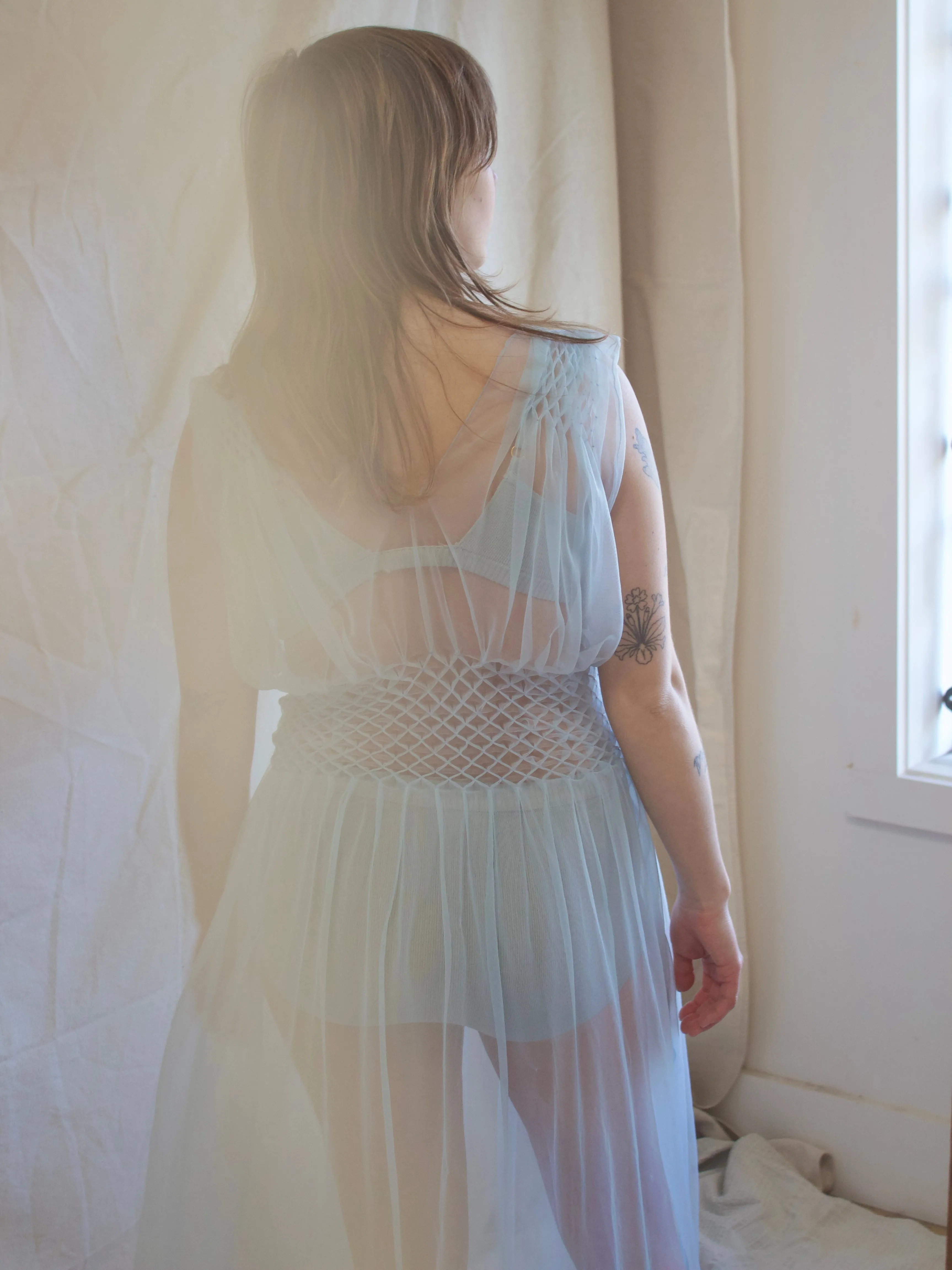 1930s/1940s Pale Blue Embroidered Nylon Honeycomb Smocked Slip Dress