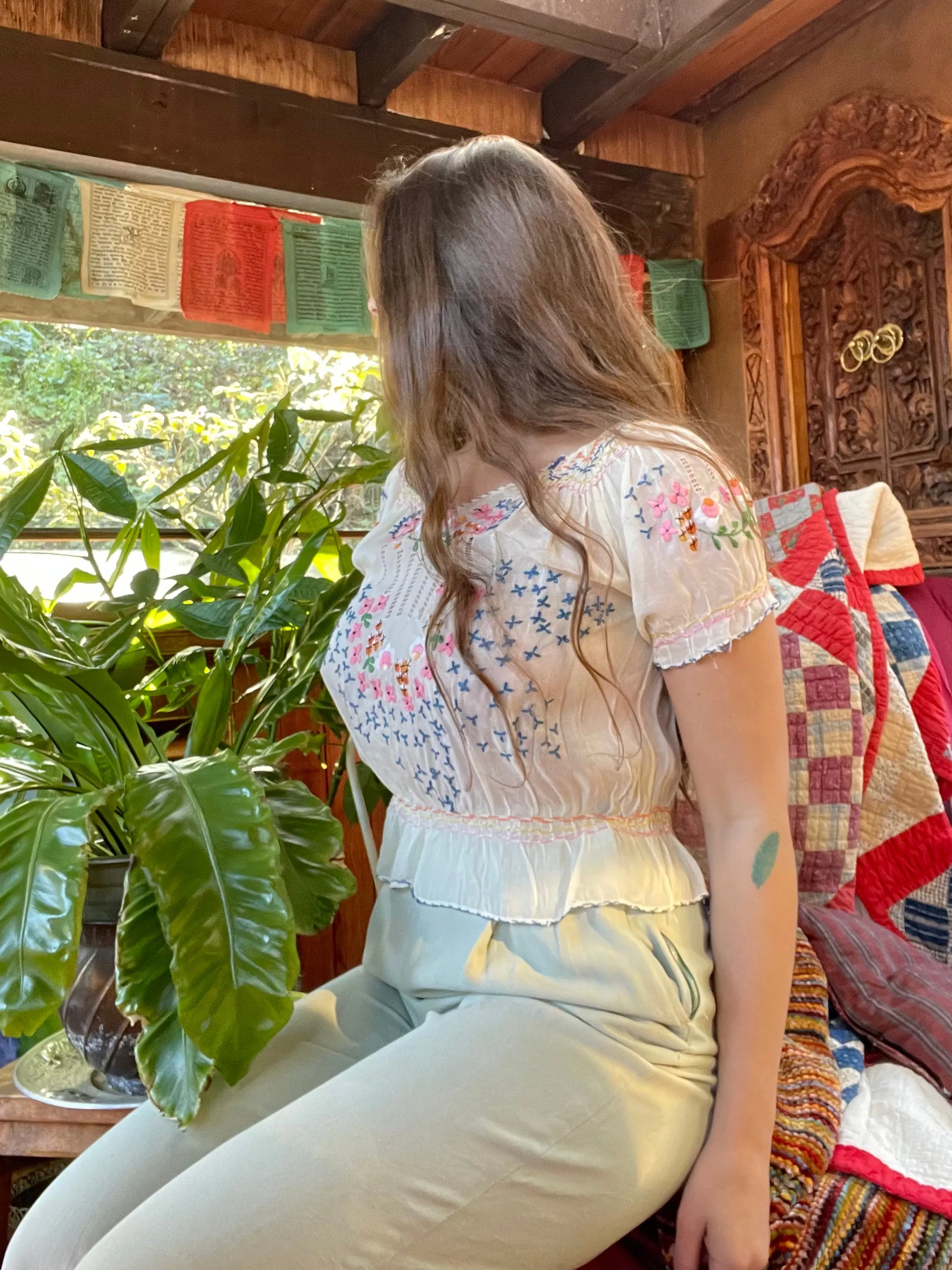 1930s/40s Embroidered Hand Smocked Folk Blouse