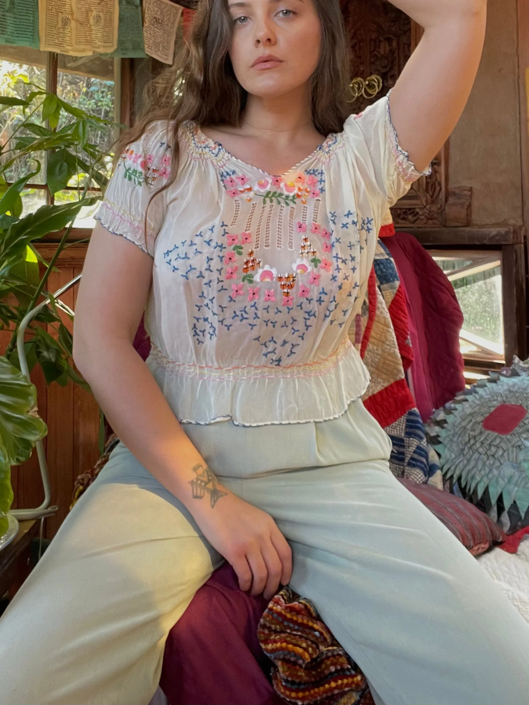 1930s/40s Embroidered Hand Smocked Folk Blouse