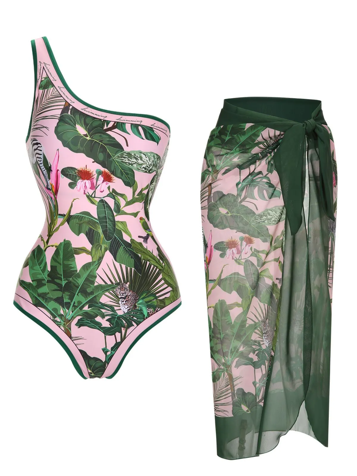 1960s One-Shoulder Tropical Swimsuit & Cover-Up