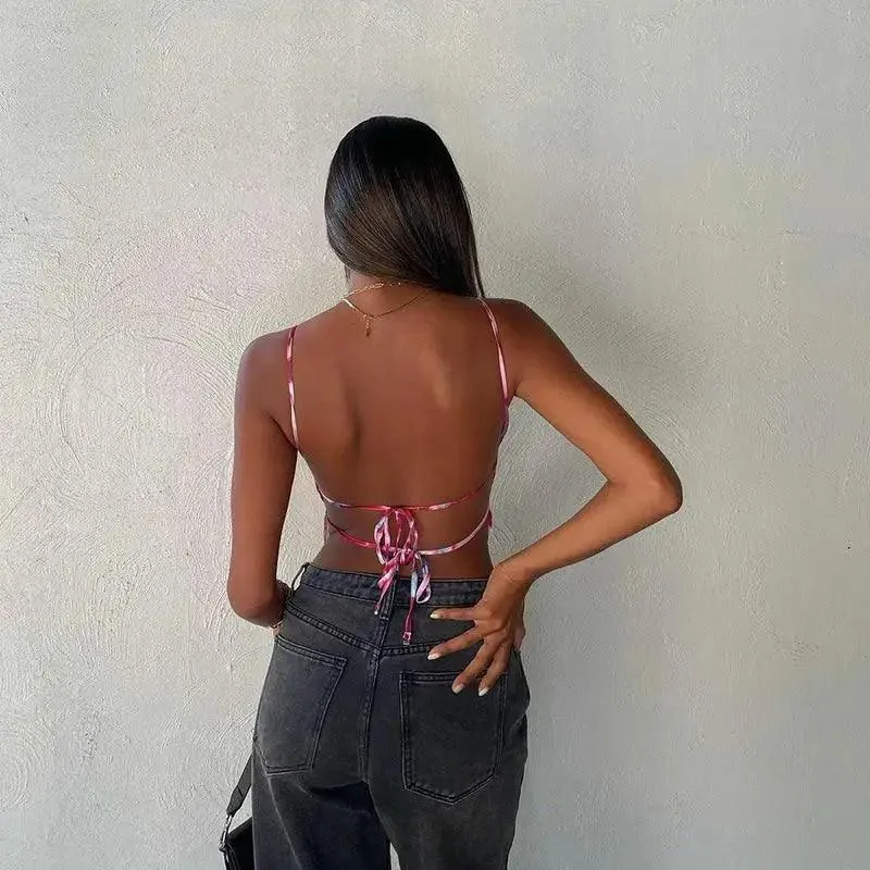 2021 Women fashion tops Tie Dye Print Satin Strap Camis Crop Top Lace Up Back cute tops for summer
