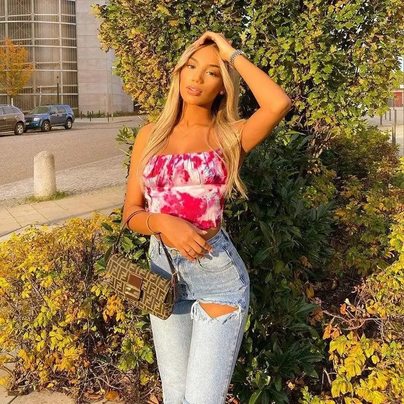 2021 Women fashion tops Tie Dye Print Satin Strap Camis Crop Top Lace Up Back cute tops for summer