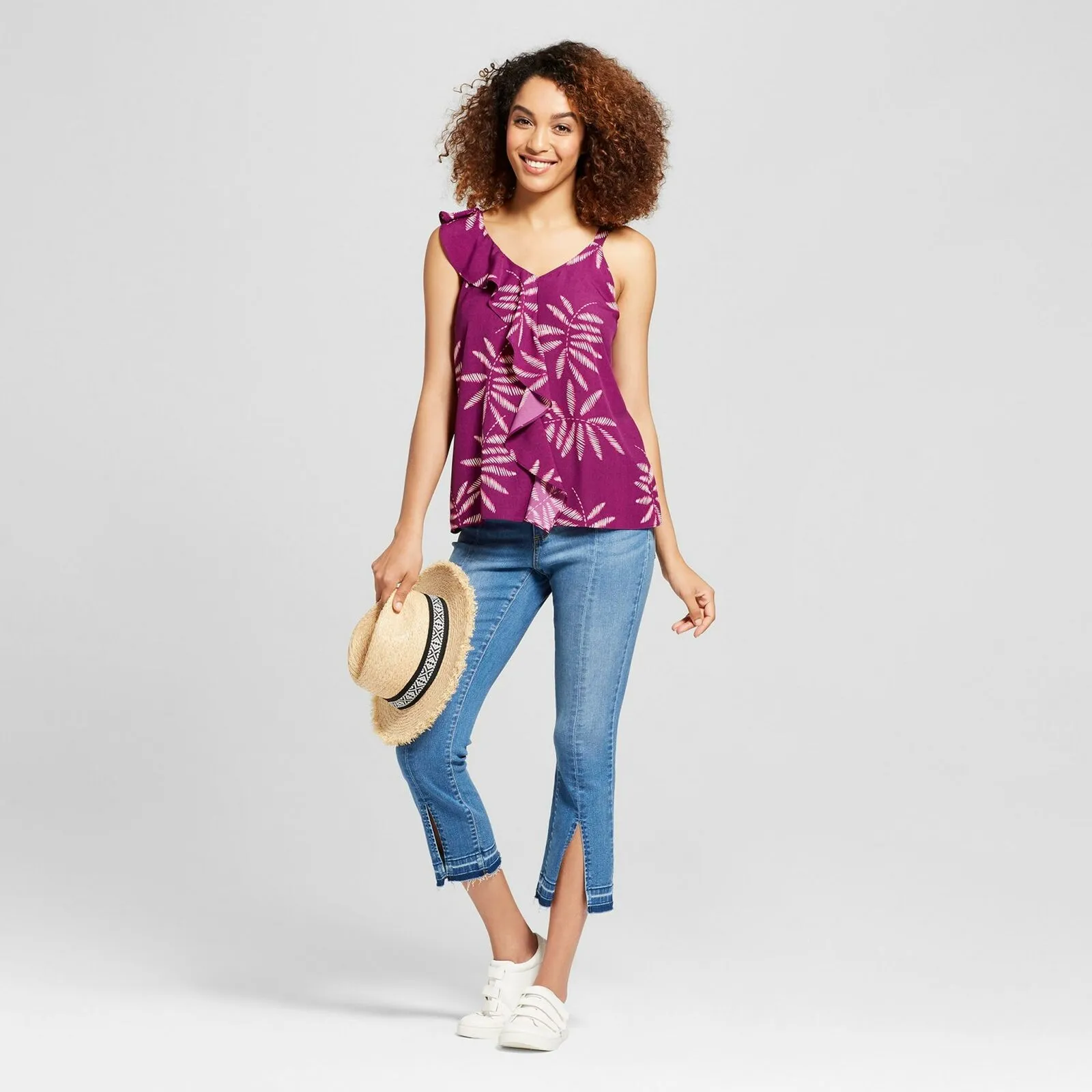 A New Day Women's Printed Asymmetrical Ruffle Tank Top Sleeveless Blouse