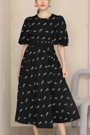 ADDISON Puff-Sleeve Embroidered Poplin Midi Dress (Black)