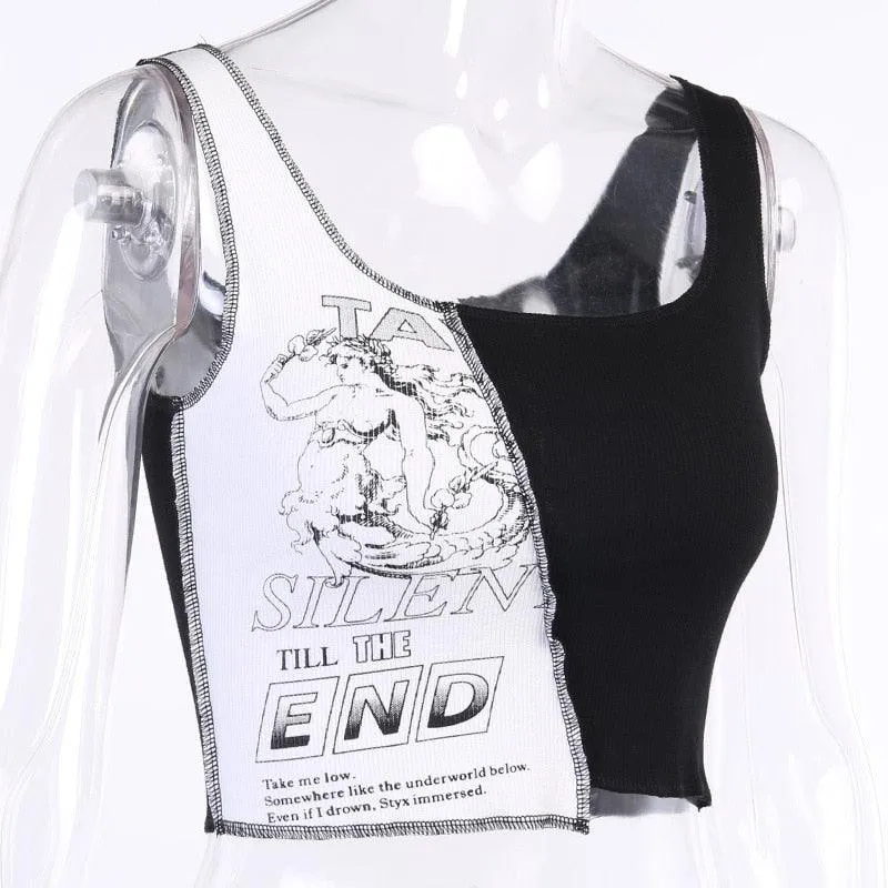 Aesthetic Punk Style Tank Top - Patchwork Design with Letter and Graphic Print