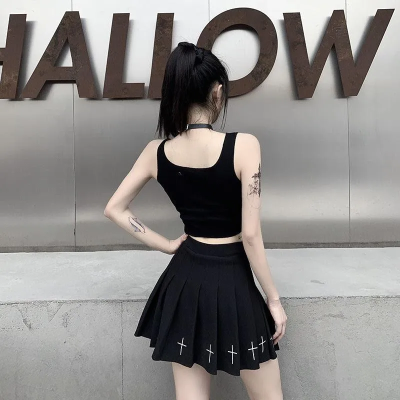 Aesthetic Punk Style Tank Top - Patchwork Design with Letter and Graphic Print