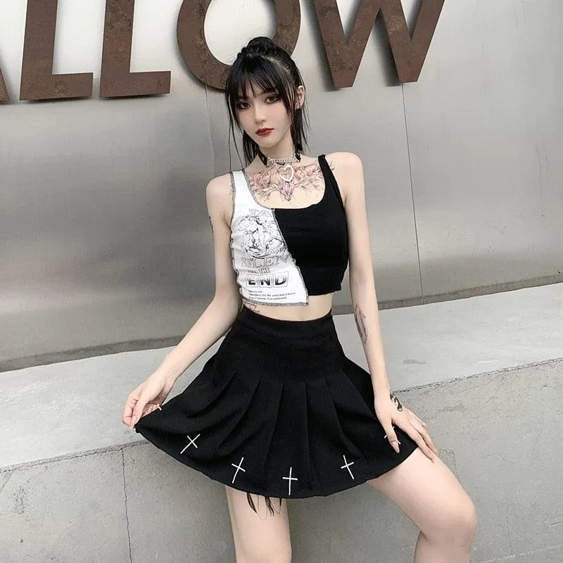 Aesthetic Punk Style Tank Top - Patchwork Design with Letter and Graphic Print