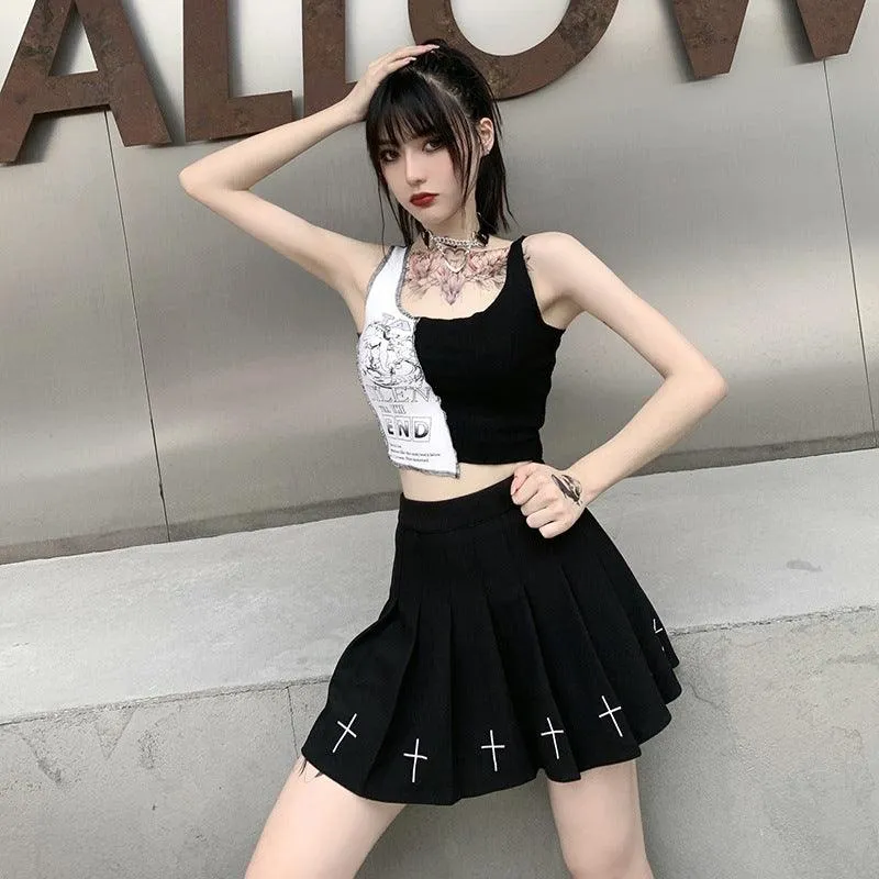 Aesthetic Punk Style Tank Top - Patchwork Design with Letter and Graphic Print