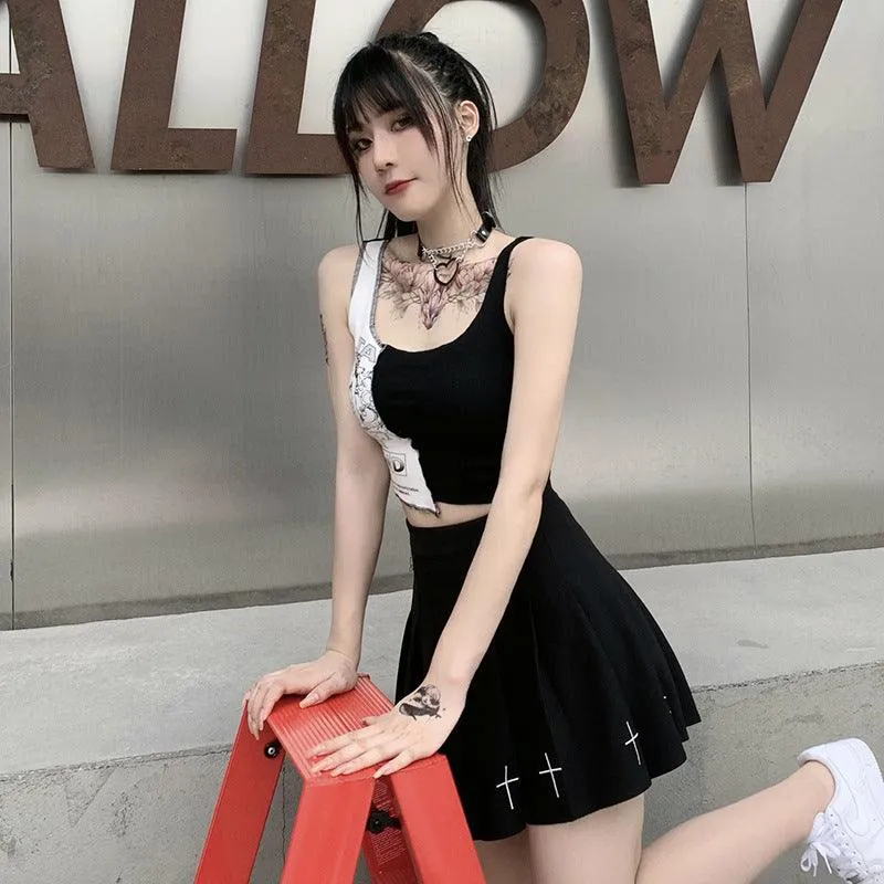 Aesthetic Punk Style Tank Top - Patchwork Design with Letter and Graphic Print