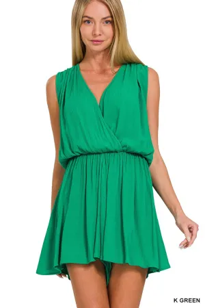 Alana- Woven Crinkle Draped Romper W Tie Open Back