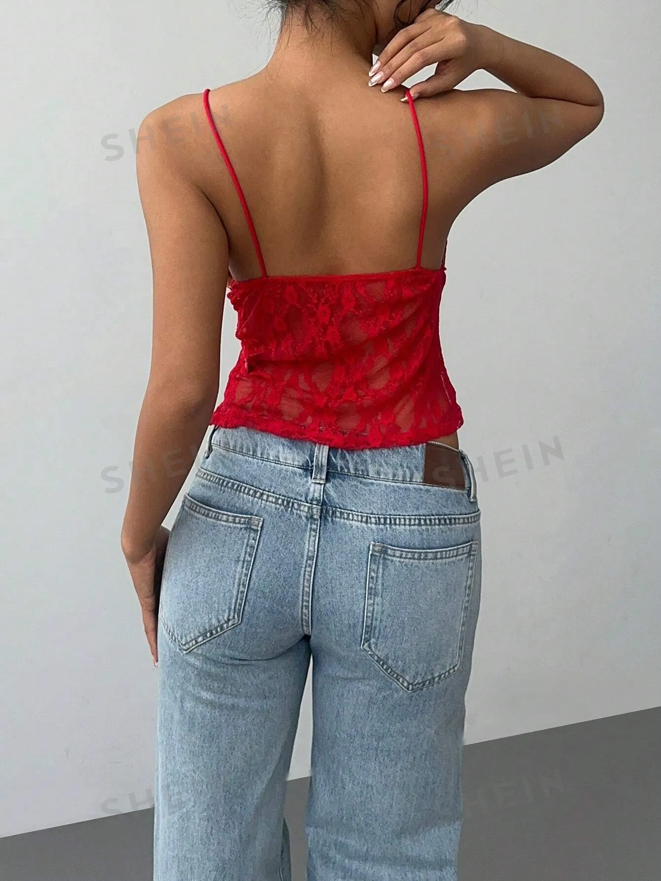 Aloruh Women's Red Lace Vest Sexy Camisole Top Solid Color Hollow Lace Slim Camisole