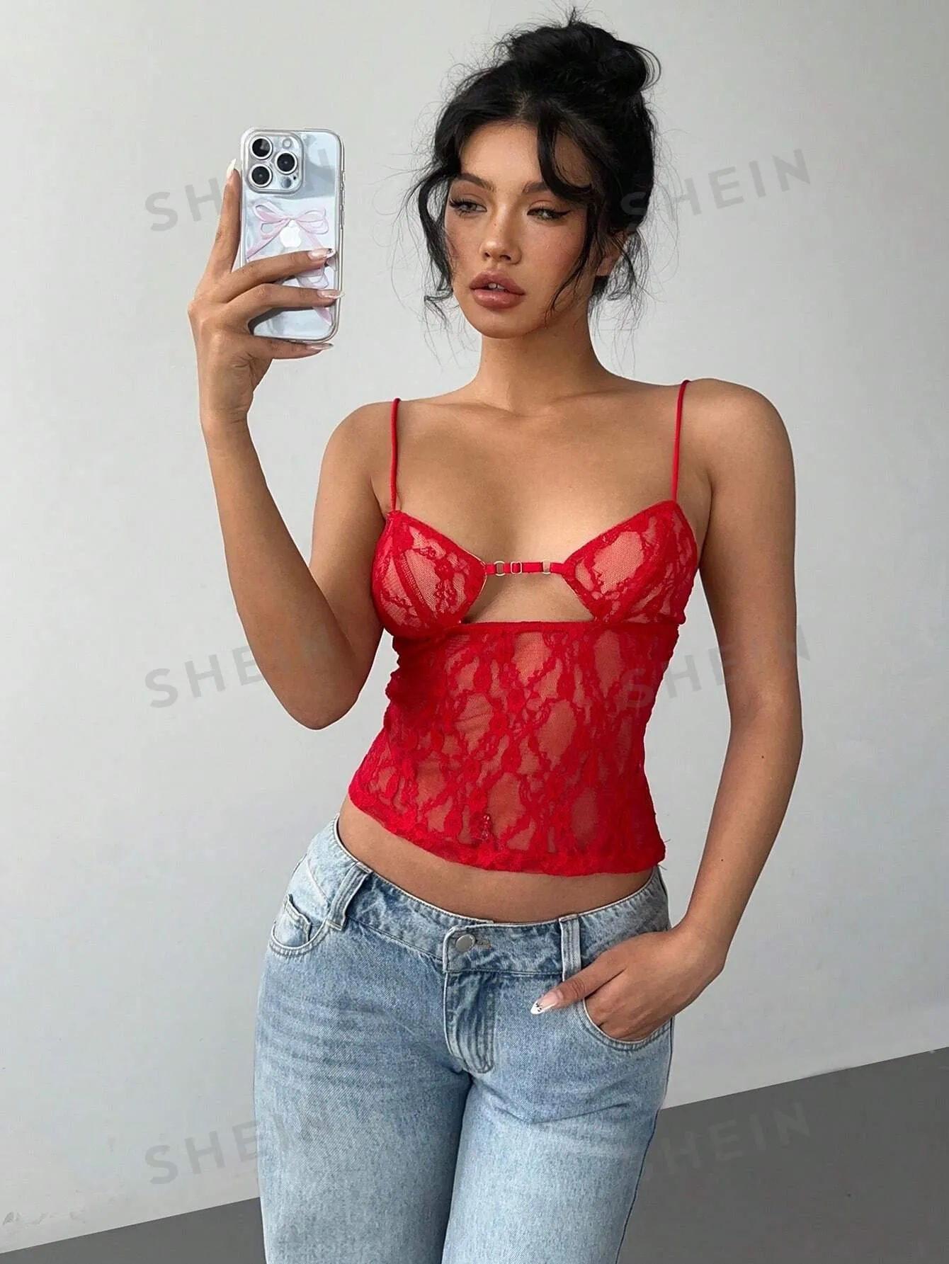 Aloruh Women's Red Lace Vest Sexy Camisole Top Solid Color Hollow Lace Slim Camisole
