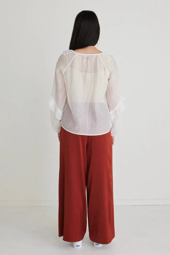 AMONG THE BRAVE DAILY SHEER TEXTURE FRILL FRONT TOP - IVORY