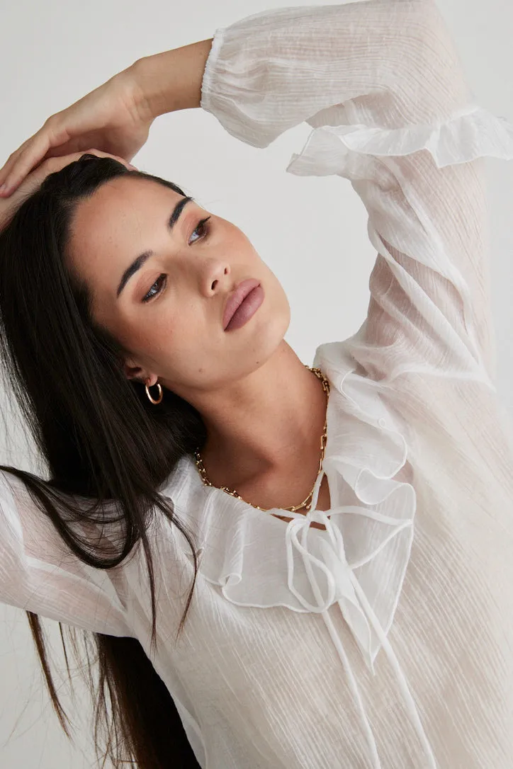 AMONG THE BRAVE DAILY SHEER TEXTURE FRILL FRONT TOP - IVORY
