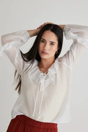 AMONG THE BRAVE DAILY SHEER TEXTURE FRILL FRONT TOP - IVORY