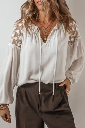 Angie Lace Detail Tie Neck Long Sleeve Blouse