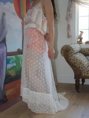 Antique Edwardian Sheer Embroidered Net Trained Skirt