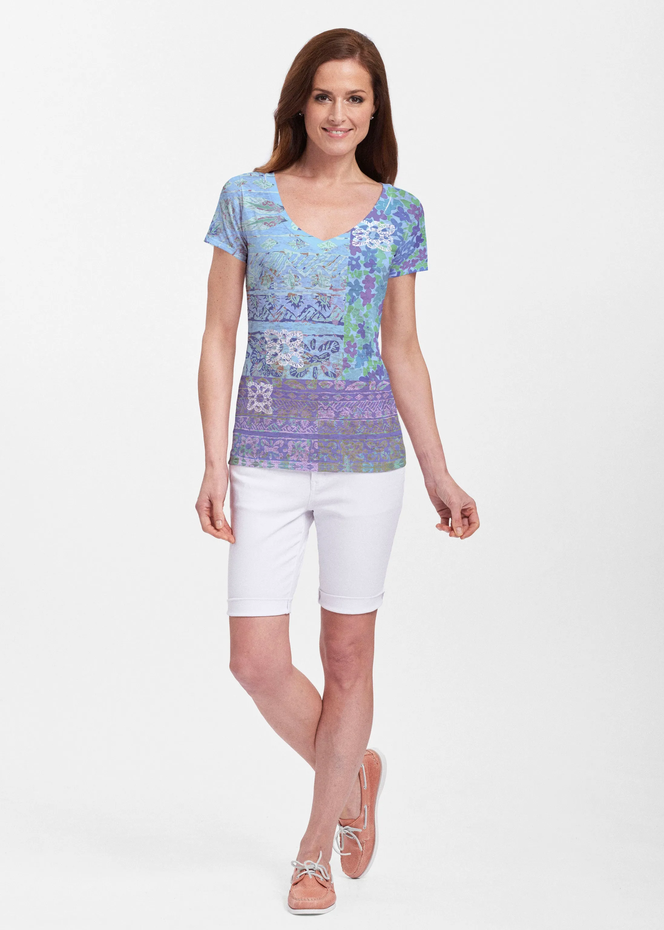 Aspen Aqua (19186) ~ Sheer Short Sleeve V-Neck Shirt