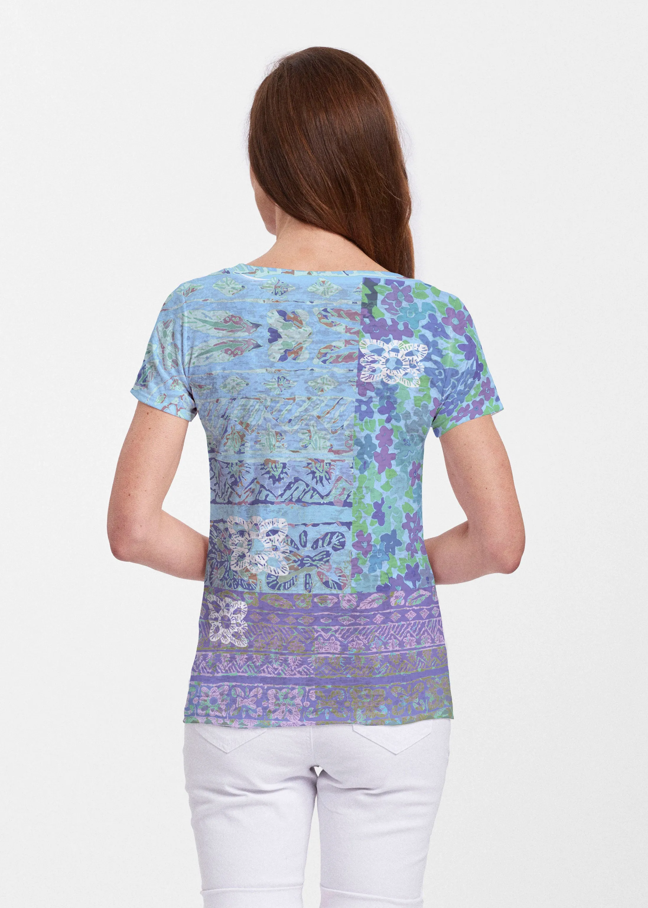 Aspen Aqua (19186) ~ Sheer Short Sleeve V-Neck Shirt