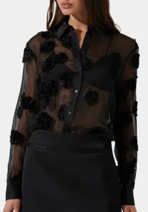 ASTR Sheer Black Long Sleeve Blouse with Flower Applique