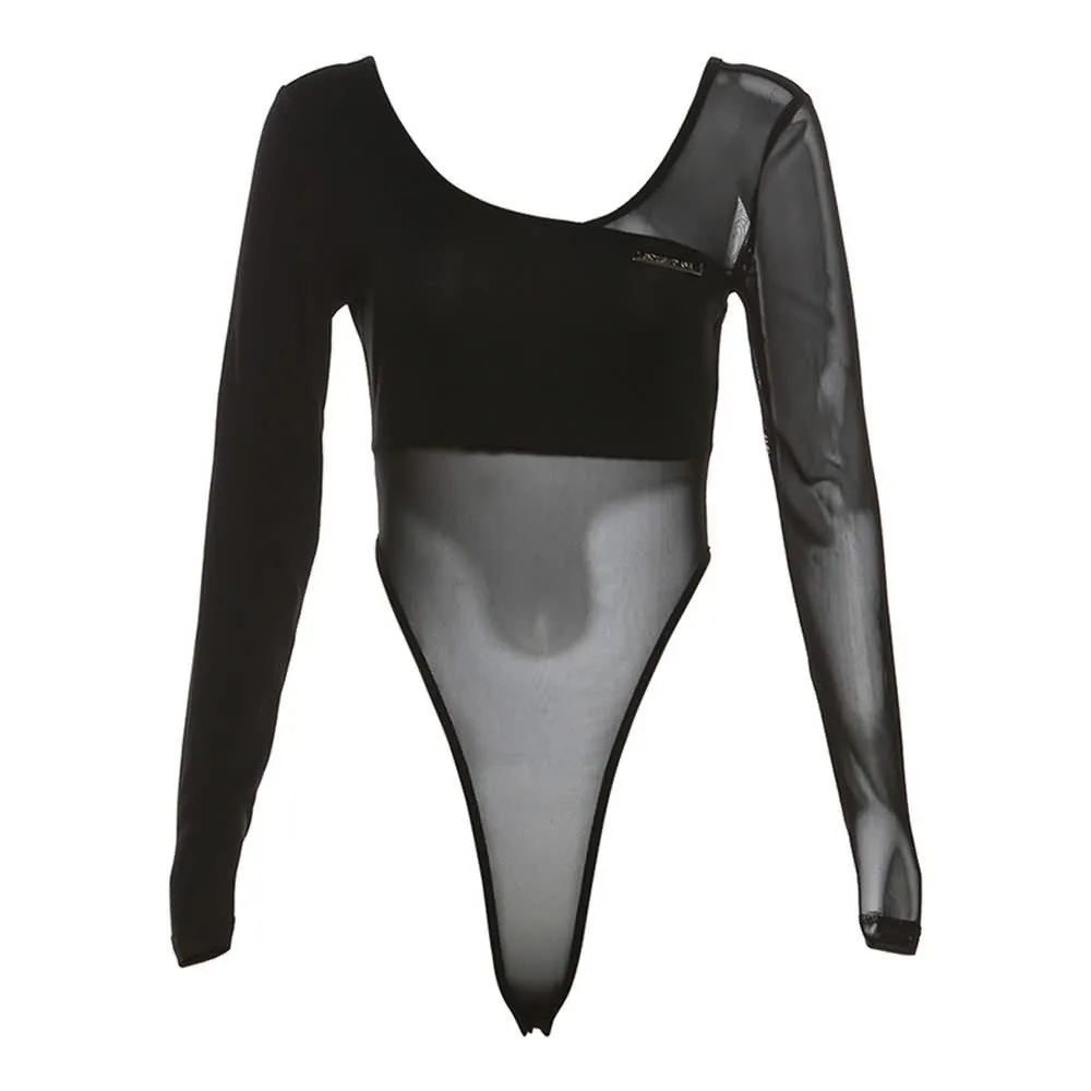 Asymmetrical Sheer Mesh Long Sleeve High Cut Bodysuit