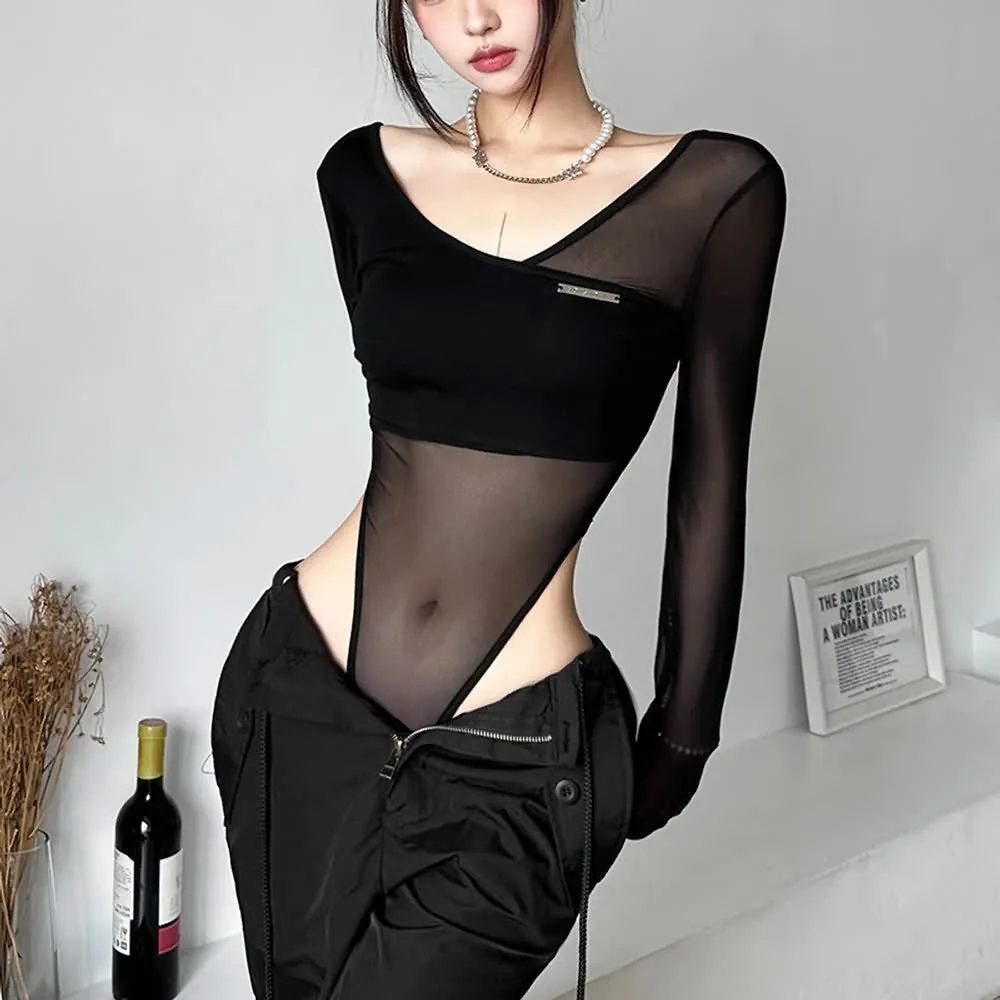 Asymmetrical Sheer Mesh Long Sleeve High Cut Bodysuit