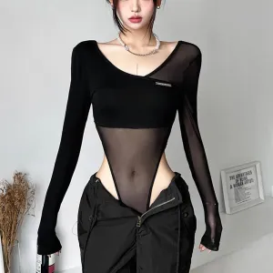 Asymmetrical Sheer Mesh Long Sleeve High Cut Bodysuit