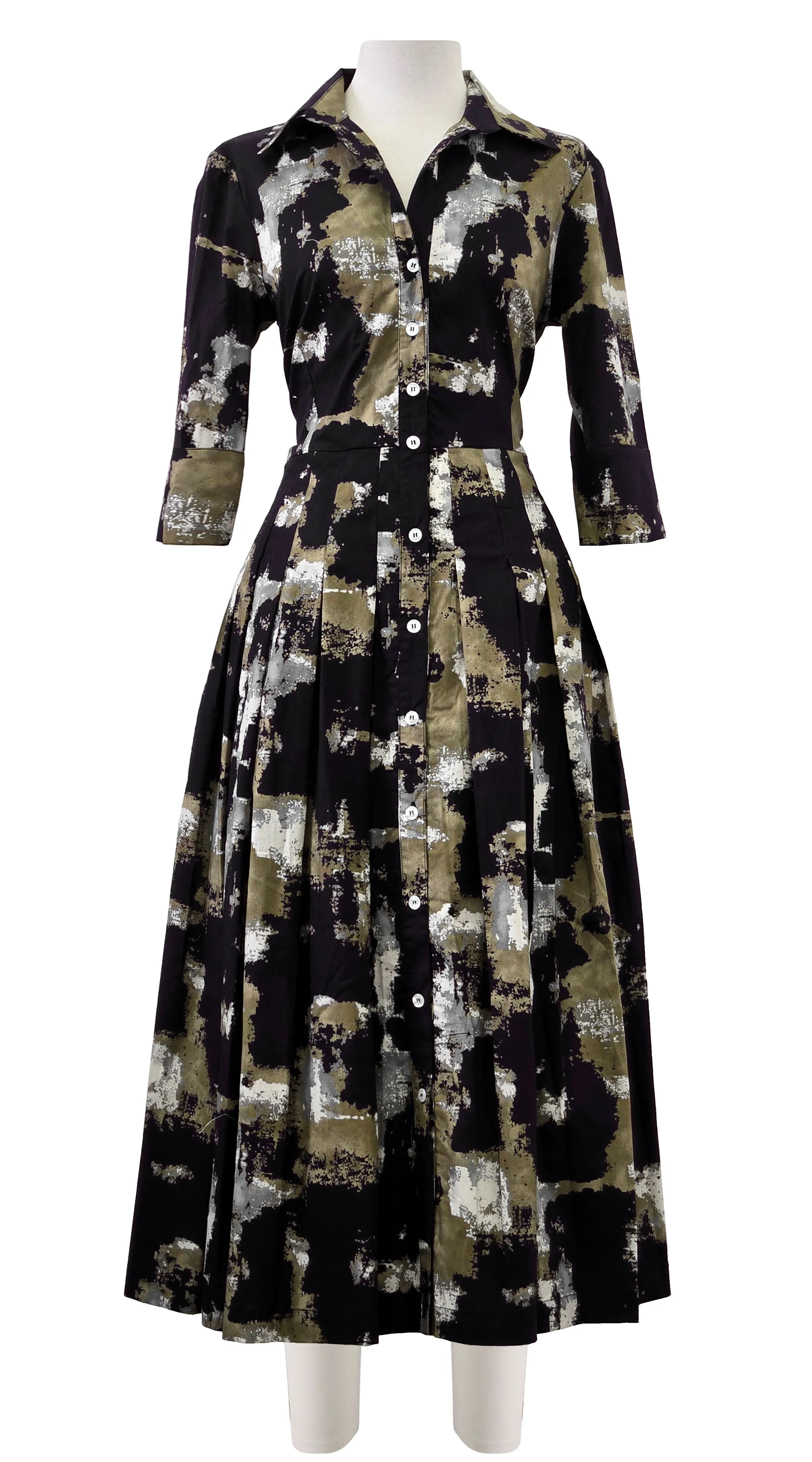 Audrey Dress #2 Shirt Collar 3/4 Sleeve Midi Length Poplin Stretch (Jupitar Check)
