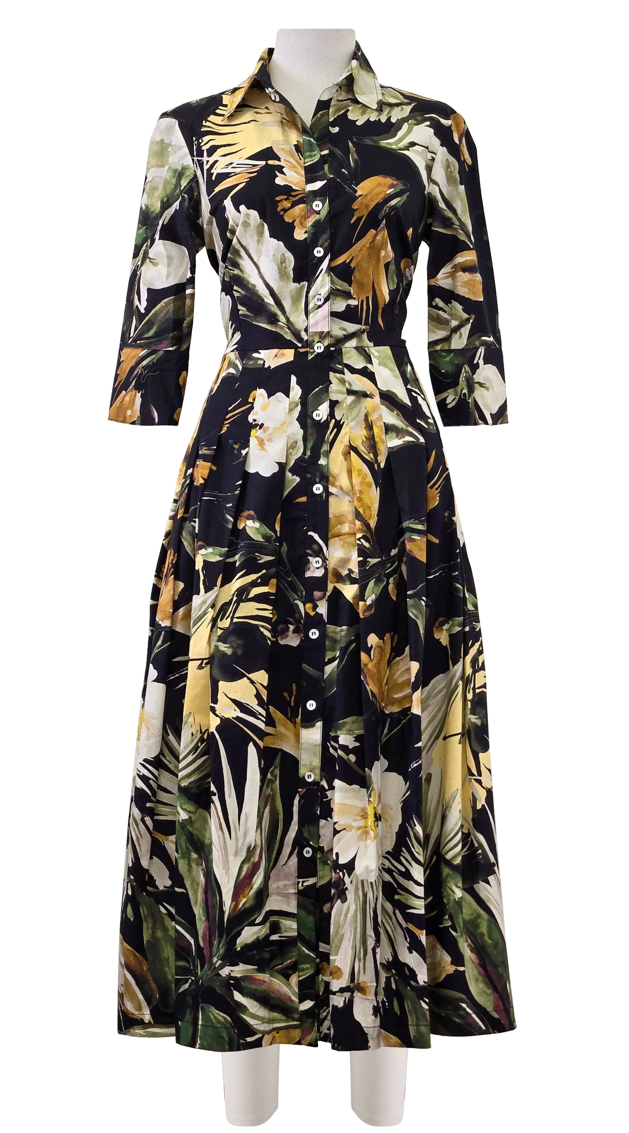 Audrey Dress #2 Shirt Collar 3/4 Sleeve Midi Length Poplin Stretch (Mozambique Flower Multi)