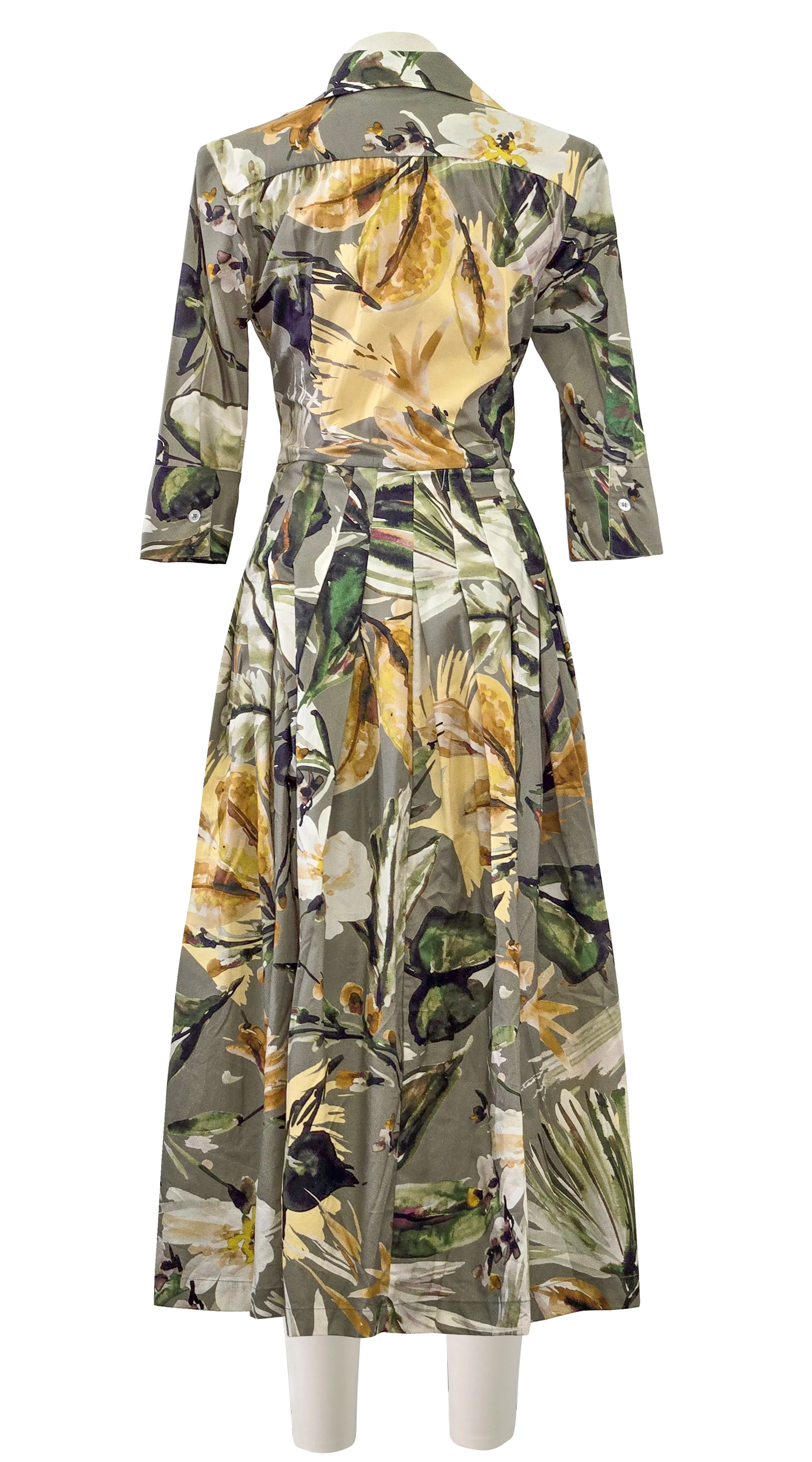 Audrey Dress #2 Shirt Collar 3/4 Sleeve Midi Length Poplin Stretch (Mozambique Flower Multi)