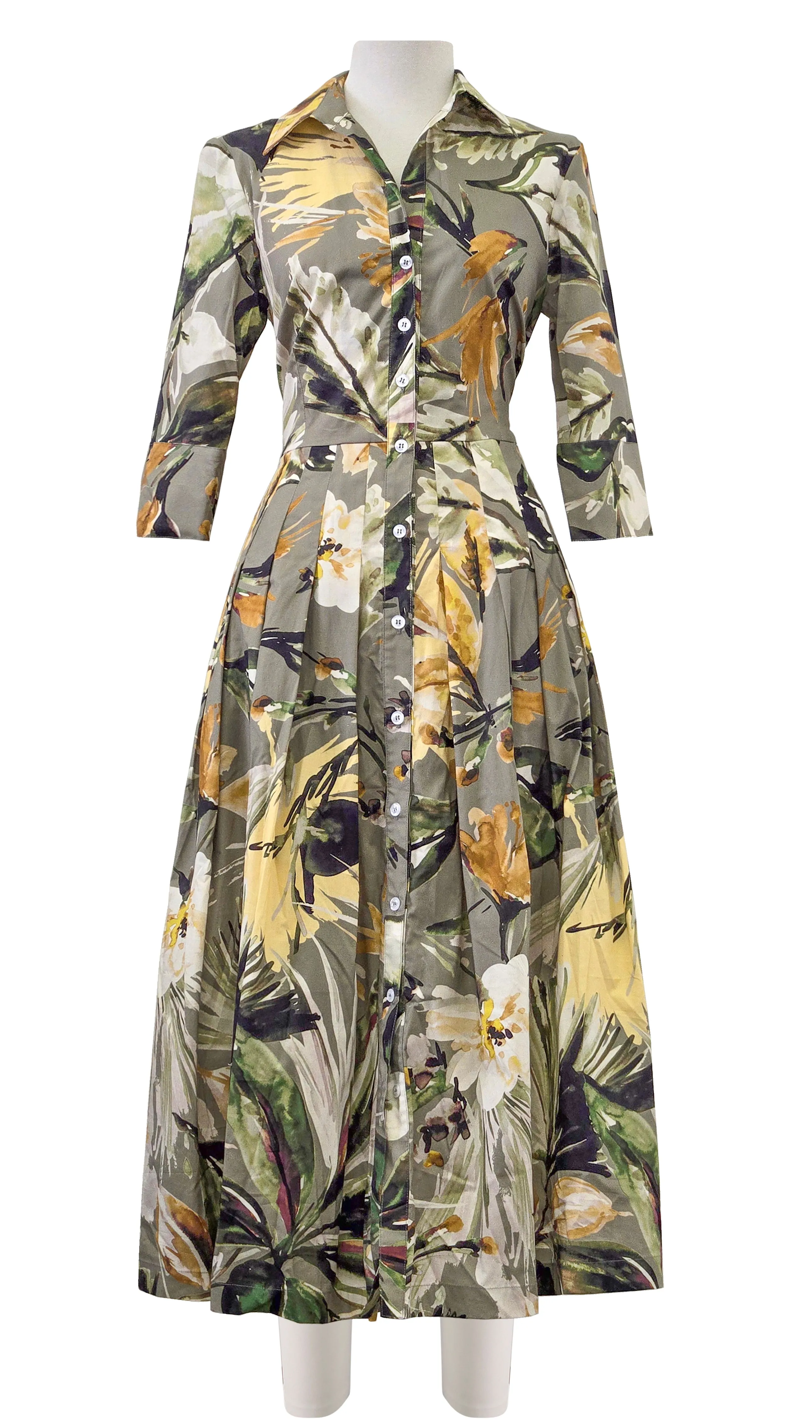 Audrey Dress #2 Shirt Collar 3/4 Sleeve Midi Length Poplin Stretch (Mozambique Flower Multi)