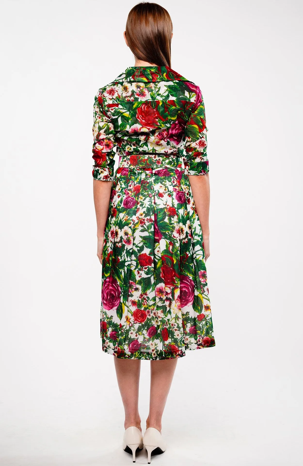 Audrey Dress #4 Shirt Collar 3/4 Sleeve Long Length Cotton Musola (Rose Garden Small)