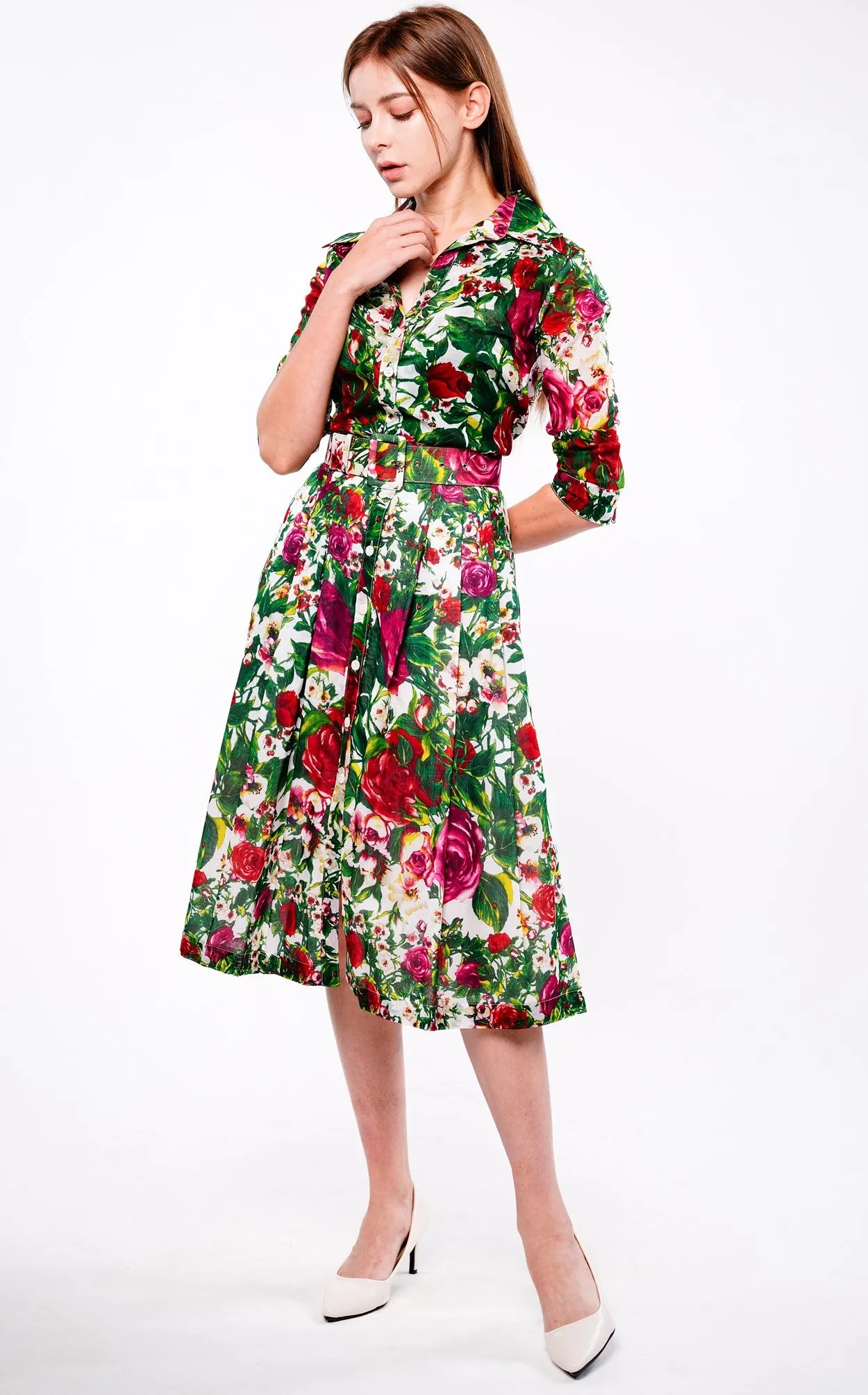 Audrey Dress #4 Shirt Collar 3/4 Sleeve Long Length Cotton Musola (Rose Garden Small)
