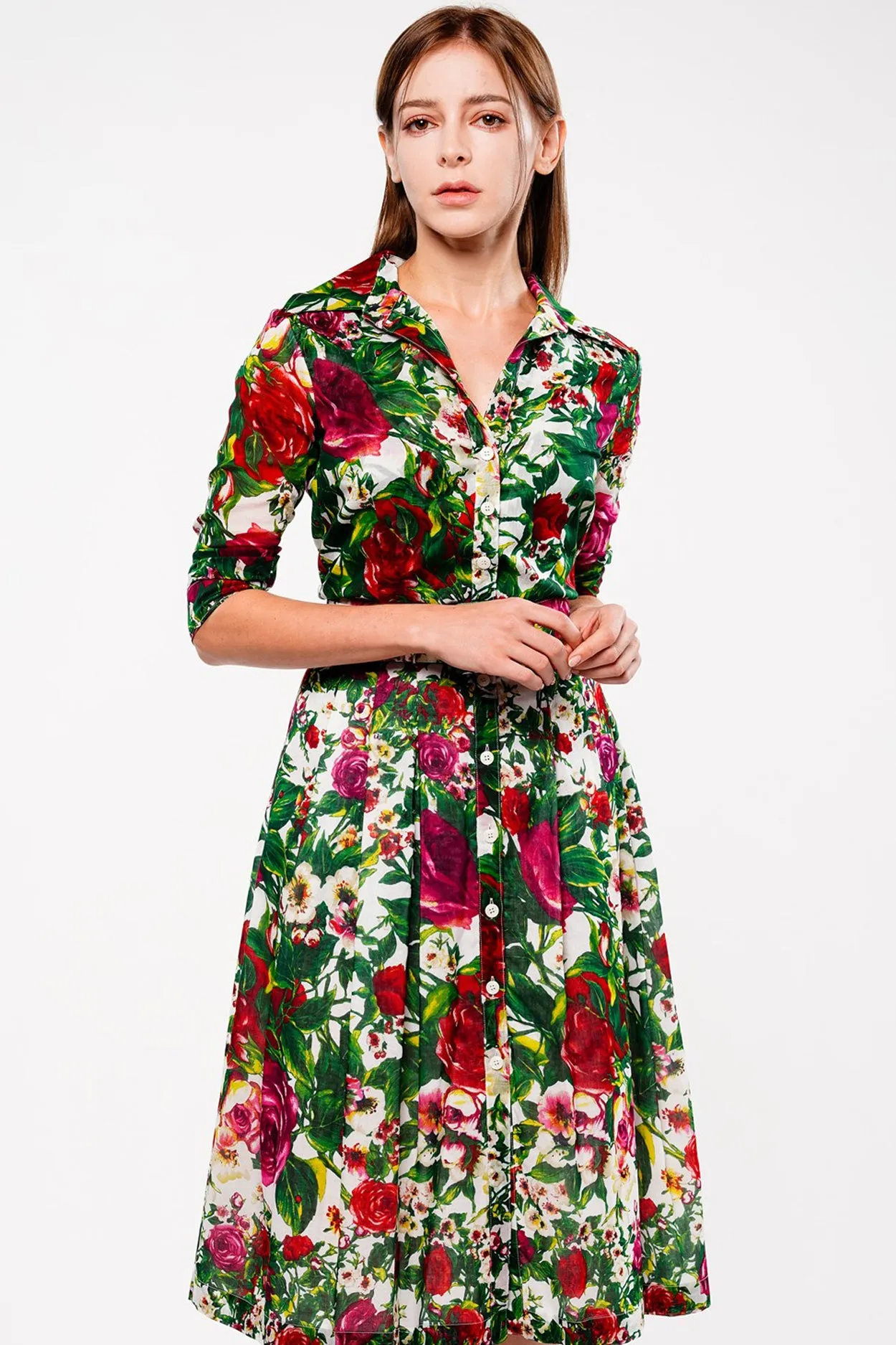 Audrey Dress #4 Shirt Collar 3/4 Sleeve Long Length Cotton Musola (Rose Garden Small)