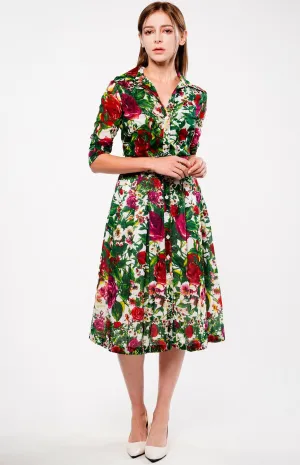 Audrey Dress #4 Shirt Collar 3/4 Sleeve Long Length Cotton Musola (Rose Garden Small)