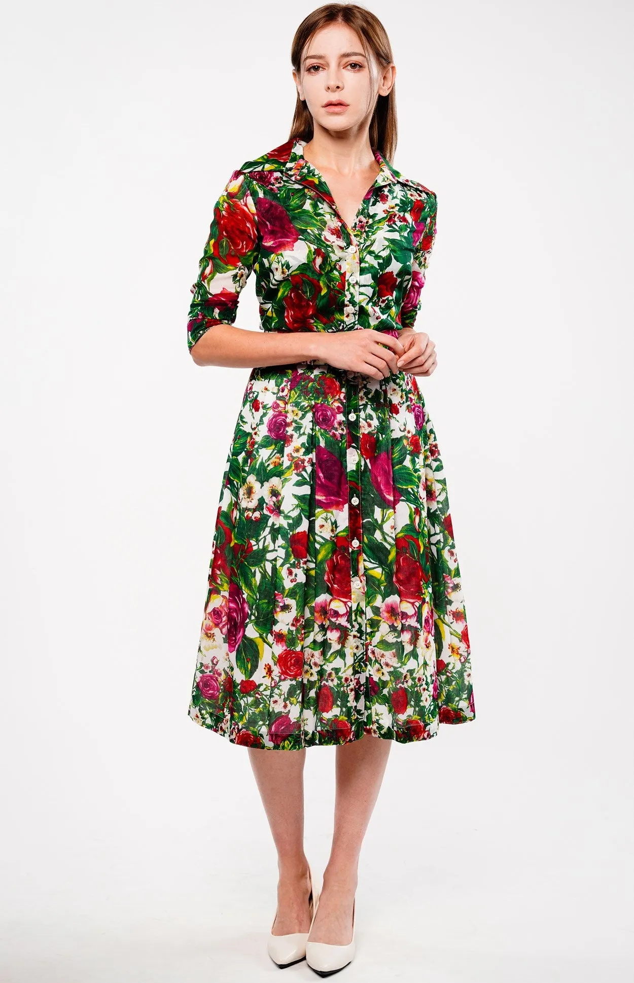 Audrey Dress #4 Shirt Collar 3/4 Sleeve Long Length Cotton Musola (Rose Garden Small)
