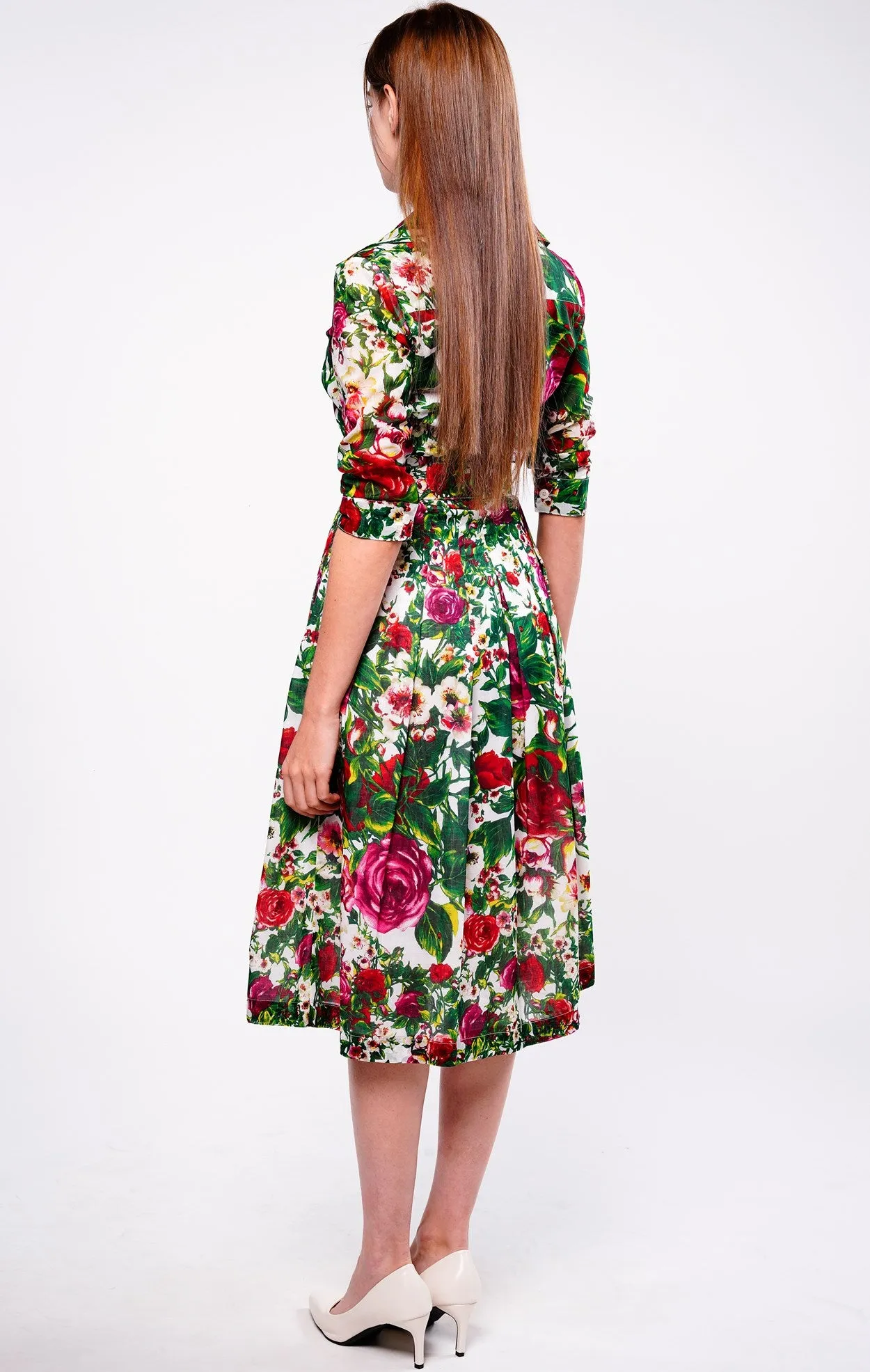 Audrey Dress #4 Shirt Collar 3/4 Sleeve Long Length Cotton Musola (Rose Garden Small)