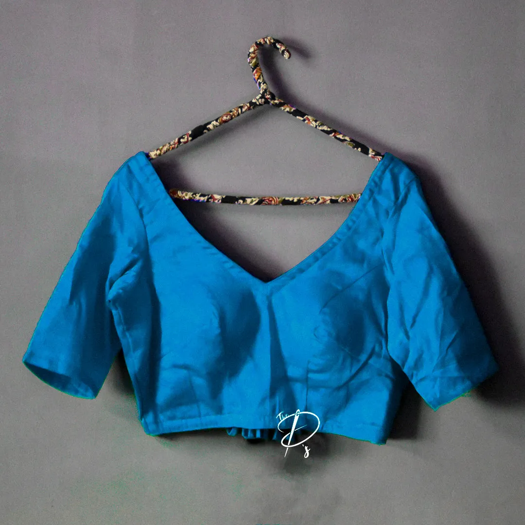 Backless Solid Blouse with Three Tie-up - Turquoise Blue