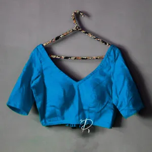Backless Solid Blouse with Three Tie-up - Turquoise Blue