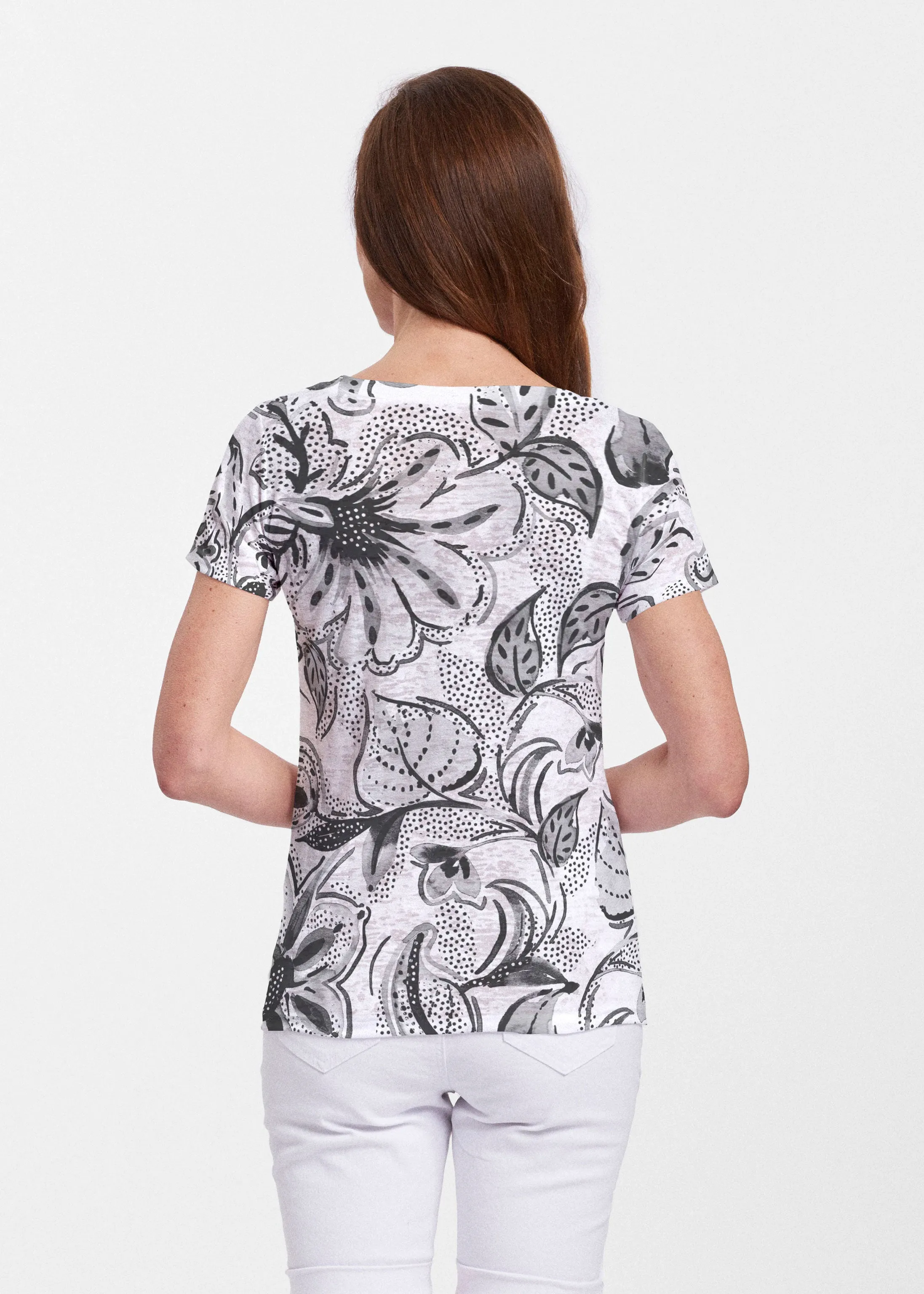 Baltic Watercolor Black (7697) ~ Sheer Short Sleeve V-Neck Shirt