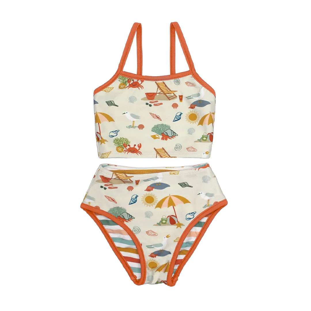 Beach Day and Coral Stripes Reversible Bikini Girls Swimsuit - CLEARANCE