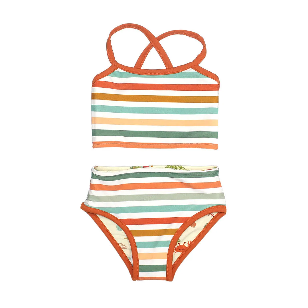 Beach Day and Coral Stripes Reversible Bikini Girls Swimsuit - CLEARANCE
