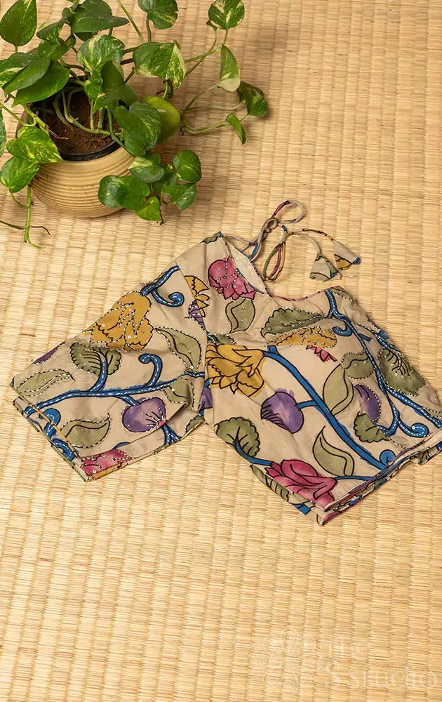 Beige hand-painted Kalamkari silk readymade blouse
