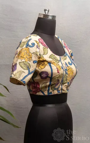 Beige hand-painted Kalamkari silk readymade blouse